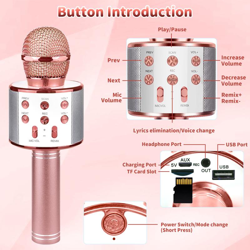 4-in-1 Portable Bluetooth Karaoke Microphone, Speakers, Singing Toy for Kids & Adults, Family Party, Birthday Gift, Rose Gold Audio