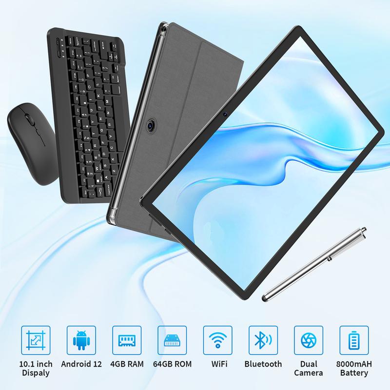 Relndoo tablet 10.1 inch Android 12, 5 in 1 tablet with keyboard, mouse, stylus, case, Quad Core 64GB ROM, WiFi, 5 + 8MP dual camera, 6000mAh, 1280x800 IPS display, Widevine L1, Bluetooth