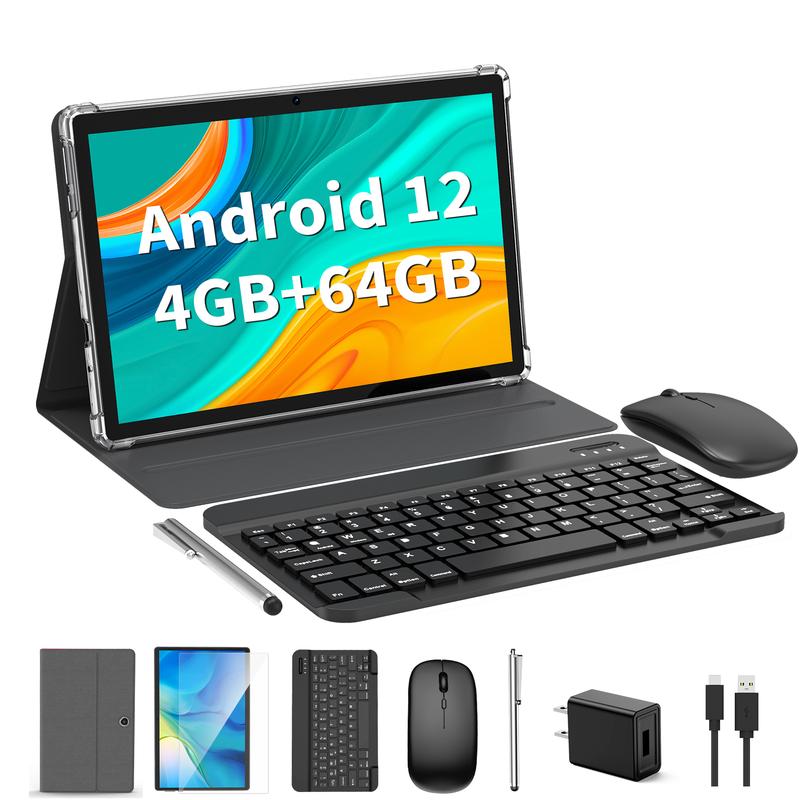 Relndoo tablet 10.1 inch Android 12, 5 in 1 tablet with keyboard, mouse, stylus, case, Quad Core 64GB ROM, WiFi, 5 + 8MP dual camera, 6000mAh, 1280x800 IPS display, Widevine L1, Bluetooth