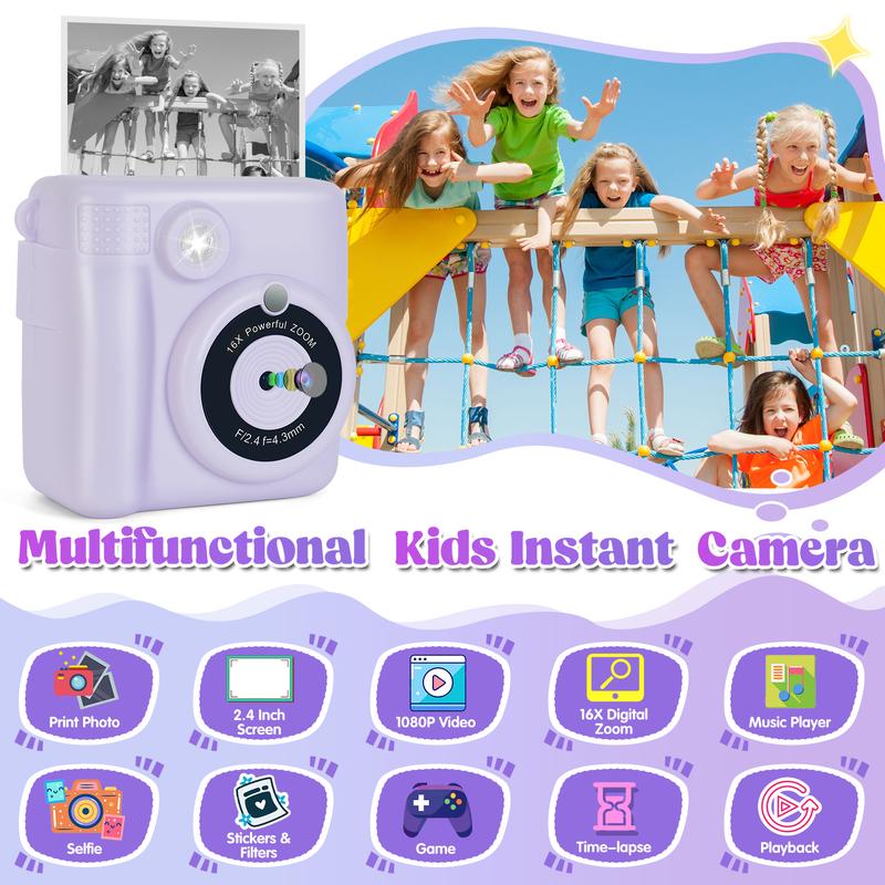 Instant Print Camera for Kids - 2.4 Inch Kids Camera Instant Print with Print Paper & 32G Card- Kids Toys HD Digital Camera as Christams Birthday Gifts for Girls Boys Age 3-12 Mini Instant