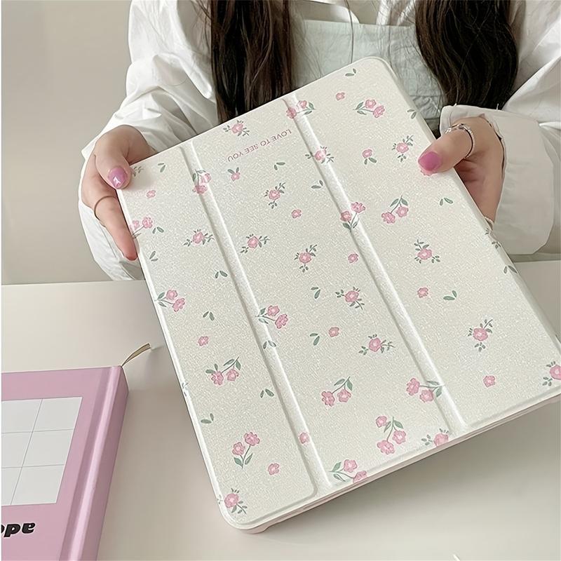 Floral Pattern Tri-Fold Stand Mirror Case - Protective Cover with Acrylic Mirror, Compatible with iPad 10.2 Air4 5 Pro11 10th 10.9 9.7, Two-in-One Design, Durable and Stylish Accessory for Daily Use