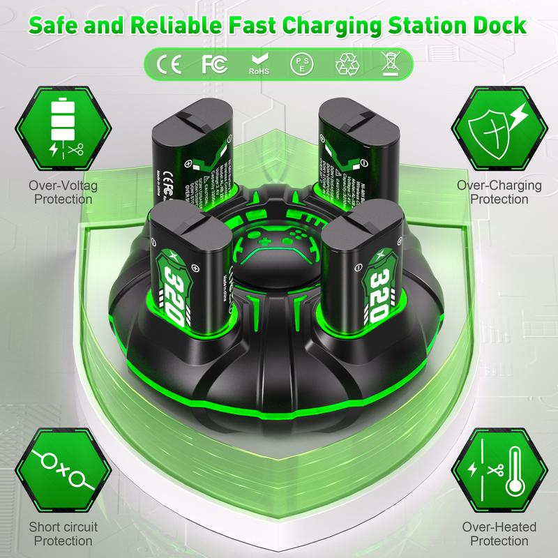 Ukor 3200mAh Xbox Controller Rechargeable Battery Pack × 4 (7680mWh × 4) with LED Fast Charging Station Dock, Compatible with Xbox Series S X, Xbox One S X,  Xbox One, Xbox One Elite