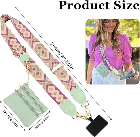 Phone Strap with Zippered Pouch,Cross Body Phone String with Zipper Wallet Pouch, Multifunctional phone strap with Detachable wristlet,Phone Chain Purse Badge Holder