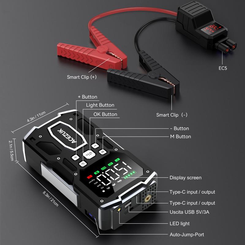 ACEZUK 5000A Car Battery Charger with Air Compressor, 12V Portable Car Starter Battery, Multifunctional Car Battery Charger with Digital Display