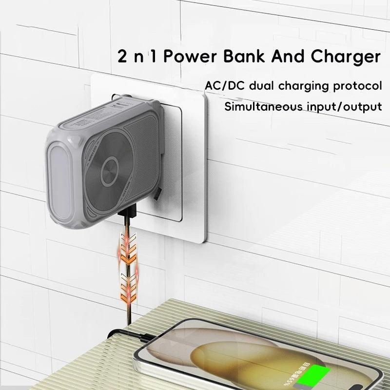 QQK Wireless Magnetic Power Bank, USB-C & Lightning Mutual Charging Cable + Phone Holder +USB-A+ AC Plug for Direct Charging, 22.5W Fast Charging 6 in 1 Multi-function Power Bank