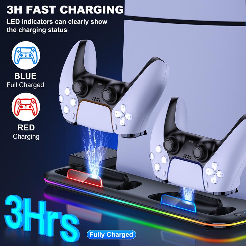 PS5 Stand, PS5 Slim Stand with Cooling Station and Controller Charging Station for PS5 Slim Console Disc Digital, PS5 Accessories-Cooling Fan, RGB LED, Headset Holder, 15 Game Slot for PS5