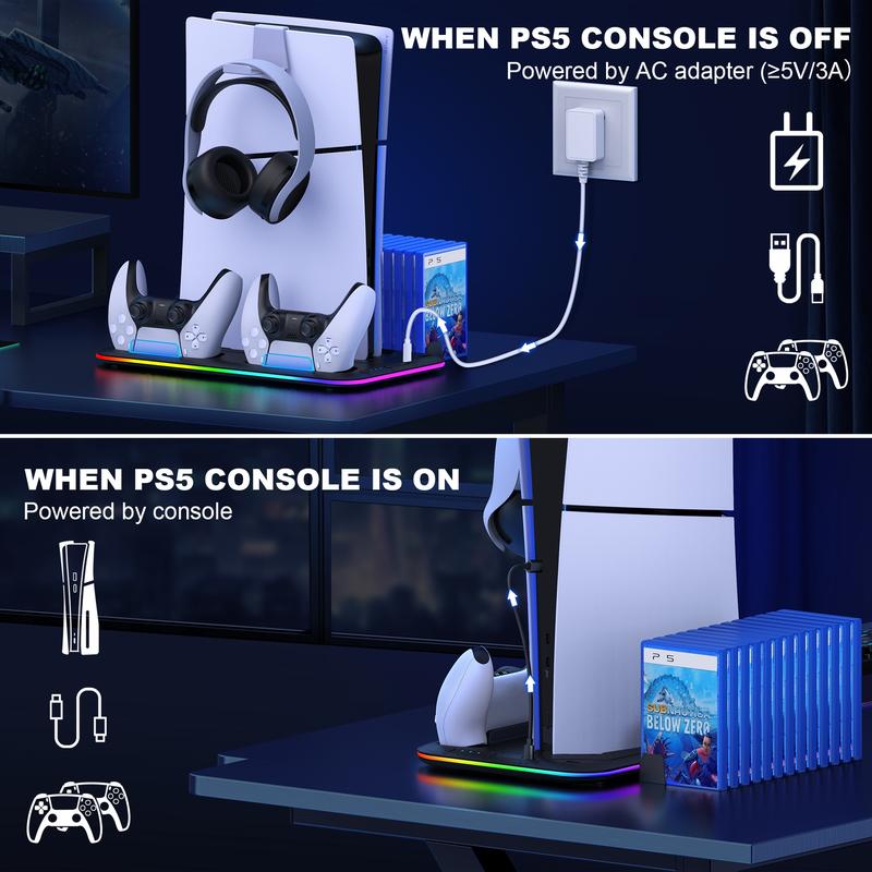 PS5 Stand, PS5 Slim Stand with Cooling Station and Controller Charging Station for PS5 Slim Console Disc Digital, PS5 Accessories-Cooling Fan, RGB LED, Headset Holder, 15 Game Slot for PS5