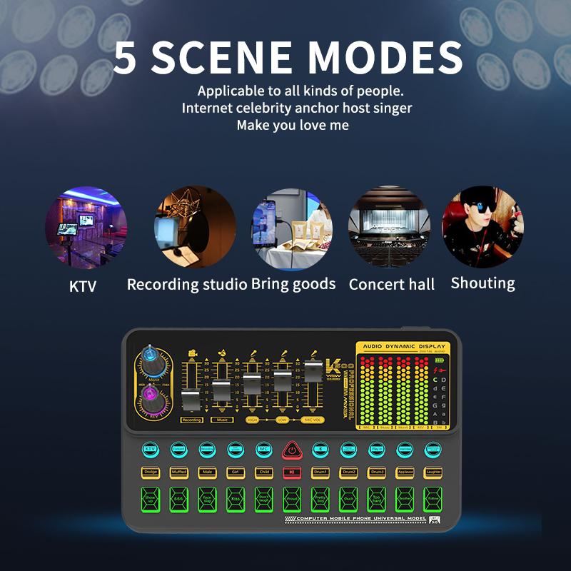 Hosabely Live Sound Mixer with Volume Fader, Voice Modification Features, Sound Effects, LED Lighting, Ideal for Karaoke, Streaming, Recording, and Gaming