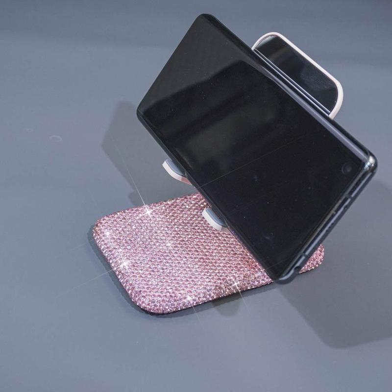 Rhinestone Decor Phone Holder with Small Mirror, Adjustable Phone Stand, Phone Holder for Home Office Desk