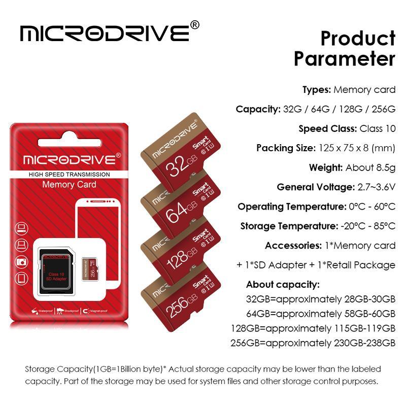 MICRODRIVE 32GB 64GB 128GB 256GB Micro SD Card, Class 10 U3 Memory Card with SD Adapter, Camera Accessories for Smartphone, Camera, Laptop, PC