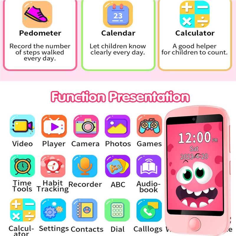 KGG 2G SOS Call Electronic Learning Device, 17 Games Dual Cameras Taking Photo Video Record Music Player, Smart Phone with Calculator Audio Book Call