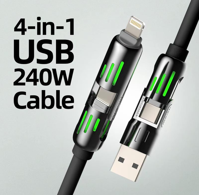 240W 4-in-1 USB-C Cable-PD 5A Fast Charging, Date Sync with USB-A, Type-C and Lightning, Breathing Light, Aluminum Alloy Design, 4FT Silicone Cable, Compatible with iPhone 14 15, iPad Pro, Samsung and Laptops