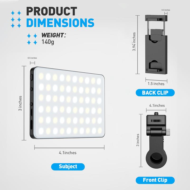 Selfie Light LED Phone Light with Front & Back Clip , Smartphone Accessories USB Rechargeable High Power 60 LED 5000mAh Phone Fill Light with CRI 95+,Adjusted 3 Light Modes for Cellphone, ipad,Camera,Laptop,Vlog,Makeup, TikTok