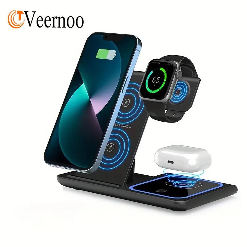 VEEROON 3 in 1 Wireless Charger, 15W Fast Charging Wireless Charger, Wireless Charging Station for iPhone 15 14 13 12 11 Pro Max XR XS 8 Plus iWatch AirPods