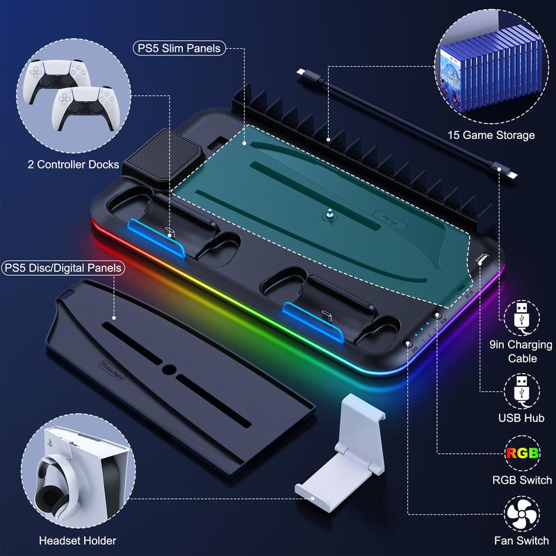 PS5 Stand, PS5 Slim Stand with Cooling Station and Controller Charging Station for PS5 Slim Console Disc Digital, PS5 Accessories-Cooling Fan, RGB LED, Headset Holder, 15 Game Slot for PS5