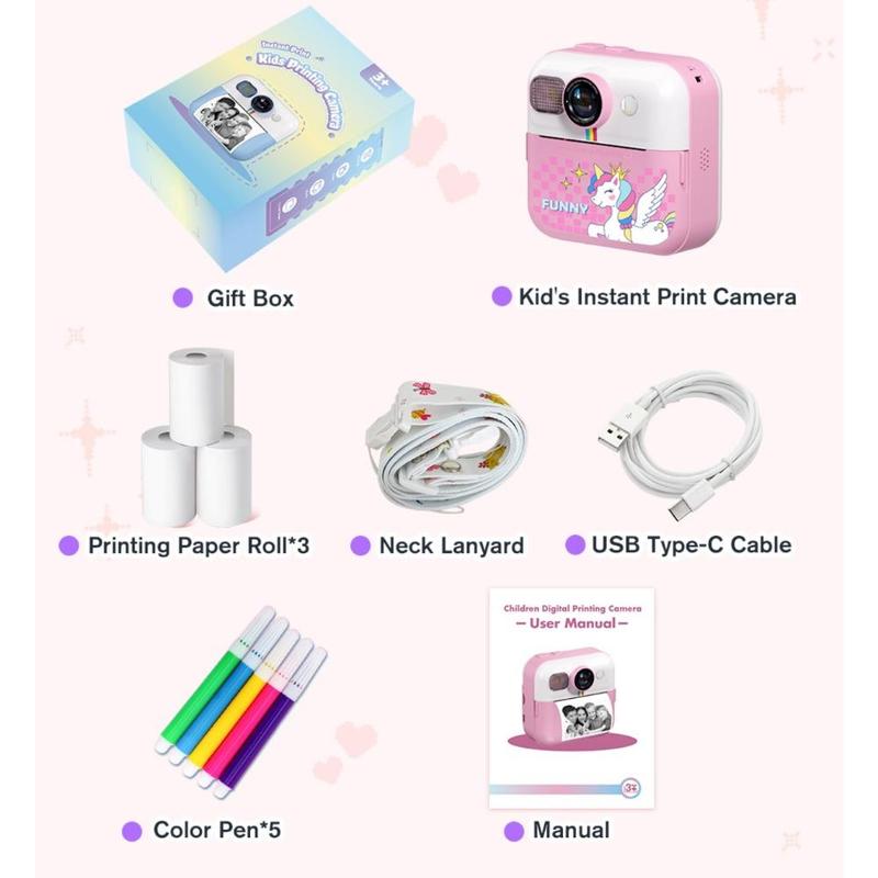 Instant Print Camera, 2.4 Inch Screen Digital Camera with Paper Set & 32G Memory Card, Selfie Video Camera, Gift for Boys & Girls