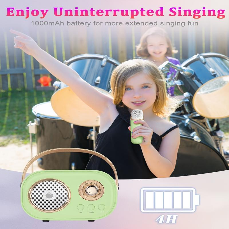 2 Wireless Microphone PRUNUS C20 Mini Karaoke Machine For Kids, Portable Wireless Speaker Retro Speaker Set With Enhanced Bass Stereo Sound For Home Party Birthday Toys For Girls Boys Gifts