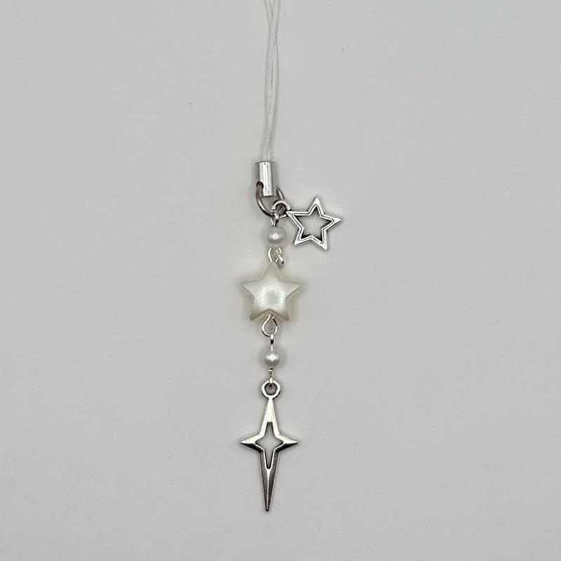 Cosmic Silver and Pearl Y2k Star Phone Charm with White Strap! Planet, Star, or Moon variations Accessories Acrylic