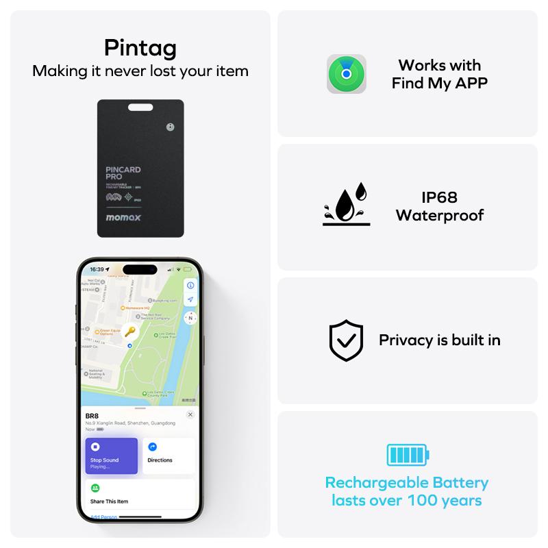 Momax Thin Bluetooth Tracker, Wallet Finder and Item Locator for Wallet(only ios),Key Finder IP68 Waterproof, Up to 328ft Range,Tag for Keys, Bags,  Luggage and More
