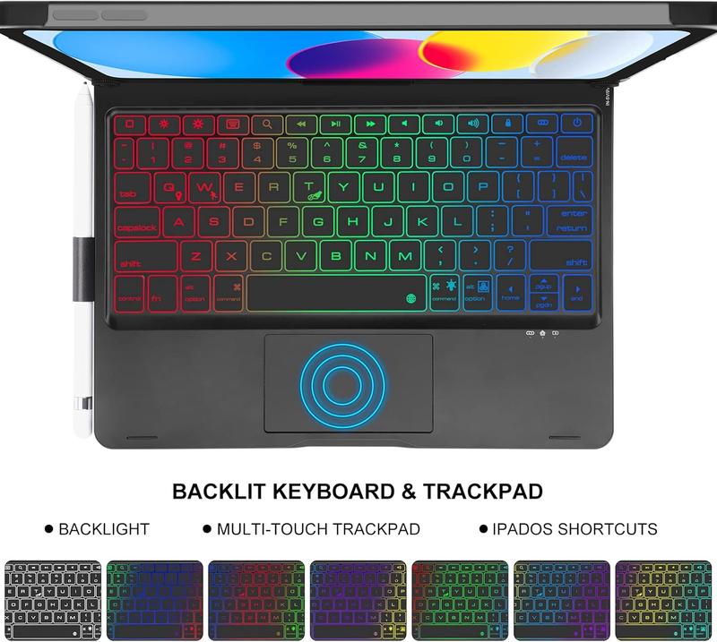 Wireless Bluetooth Touchpad Keyboard Cover for iPad 10th Gen, Smart Backlit Keyboard Case, Tablet Accessories, Multip Color Backlight Rotatable Screen