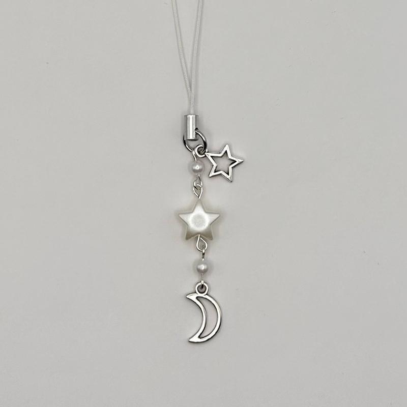 Cosmic Silver and Pearl Y2k Star Phone Charm with White Strap! Planet, Star, or Moon variations Accessories Acrylic