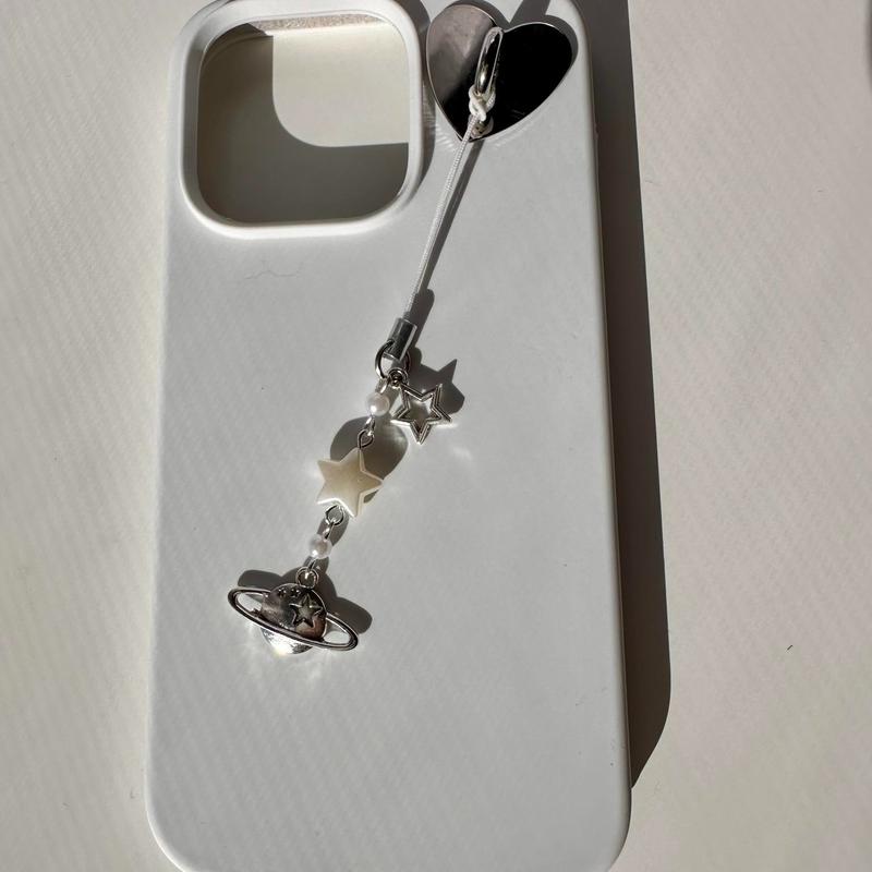 Cosmic Silver and Pearl Y2k Star Phone Charm with White Strap! Planet, Star, or Moon variations Accessories Acrylic