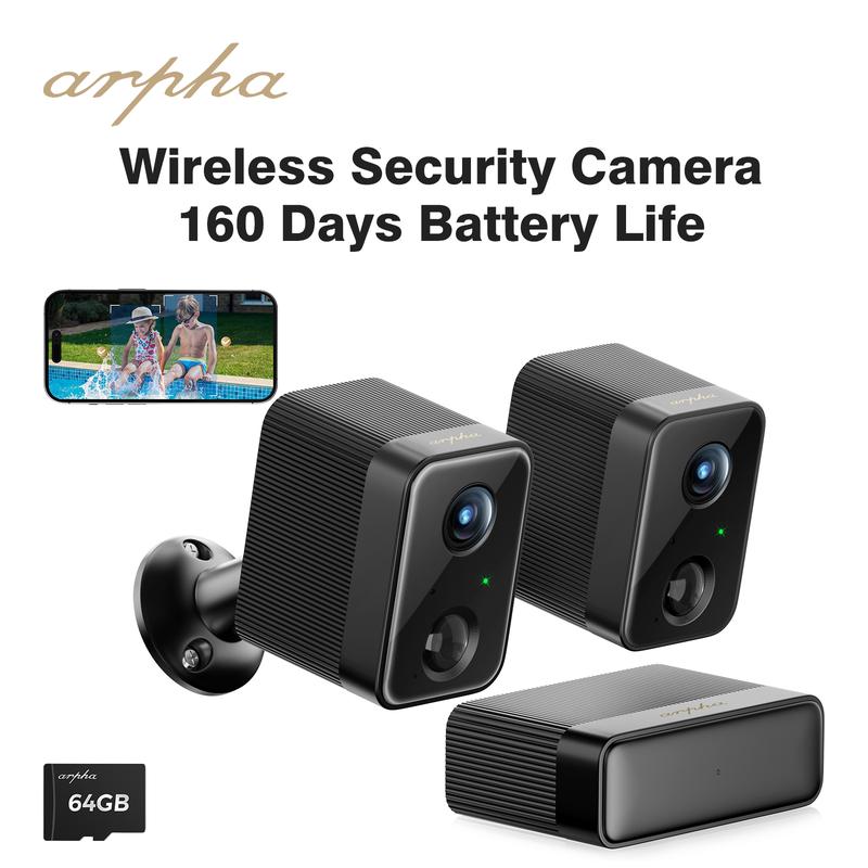 ARPHA K03 Security Camera Wireless Battery Camera Monitor Outdoor with HomeBase, 1080P WiFi Connection IP65 Waterproof 160 Days Battery Life outdoor surveillance 2-way talk room office