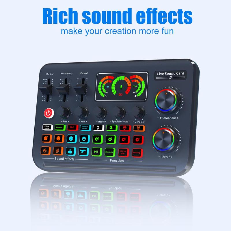 All-in-One Audio Interface DJ Mixer with Microphone, Audio Mixer with Sound Card for PC Laptop Phone, Streaming Podcasting Gaming Equipment