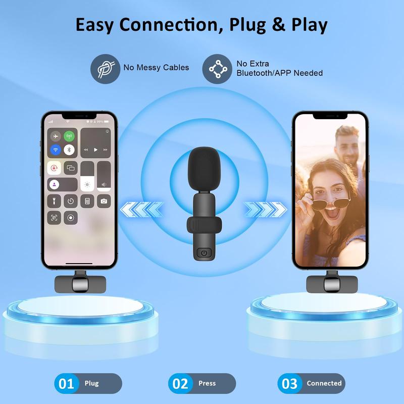 2 pieces Professional Wireless Lavalier Lapel Microphone for iPhone, Android, iPad - Recording Mic for Interview Video Podcast Vlog Audio Smartphone.