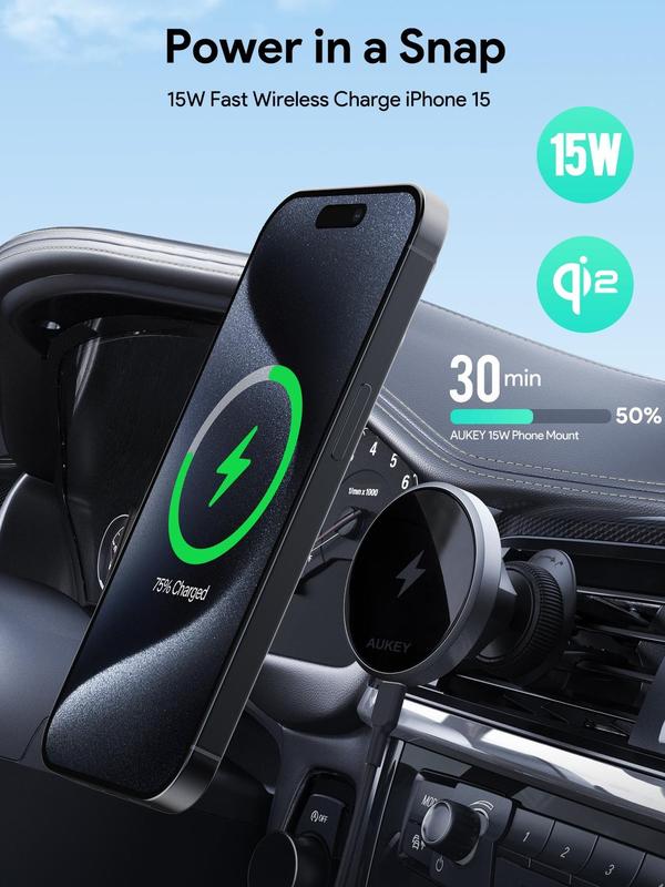 AUKEY HD-MC13 15W Qi2 Wireless Car Phone Mount Holder Magnetic Charging Phone Mount with Cooling System Accessories Smartphone Cellphone Stand