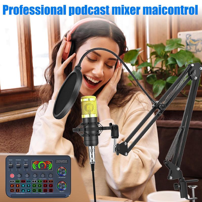 All-in-One Audio Interface DJ Mixer with Microphone, Audio Mixer with Sound Card for PC Laptop Phone, Streaming Podcasting Gaming Equipment