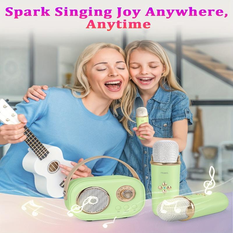 2 Wireless Microphone PRUNUS C20 Mini Karaoke Machine For Kids, Portable Wireless Speaker Retro Speaker Set With Enhanced Bass Stereo Sound For Home Party Birthday Toys For Girls Boys Gifts