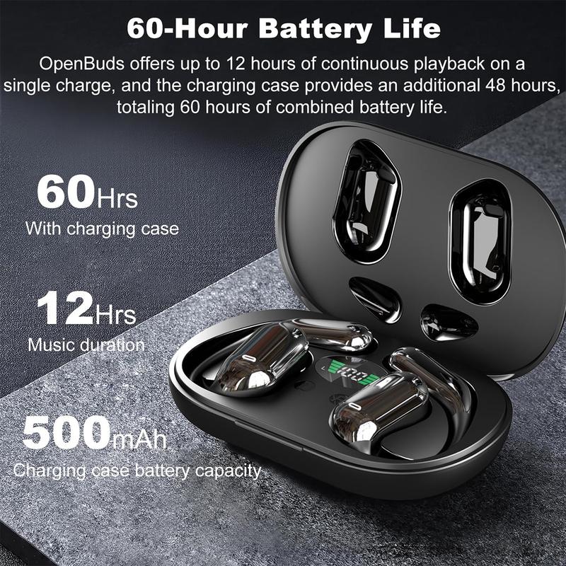 Open Ear Bluetooth 5.4 Headphones, Wireless Earbuds Sport Over Earphones Built-in Mic with Ear Hooks Long Playtime Ear Buds LED Display Charging Case