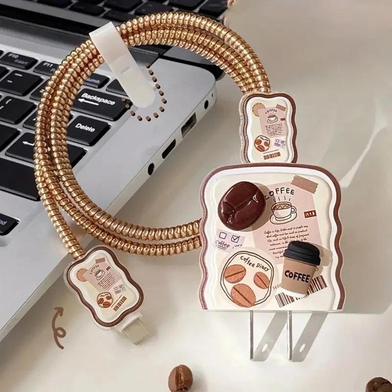 Coffee Bean Design Charging Data Cable Protector, Charging Head Protector & Protective Sleeve, Fast Charging Data Cable for iPhone 12 13 14 Series