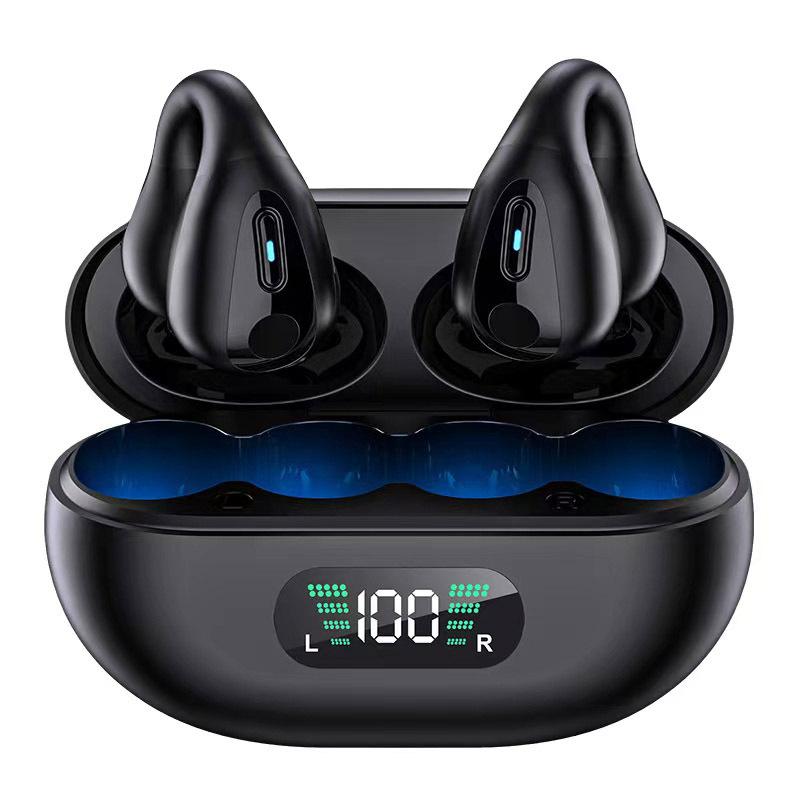 Wireless Open Clip Earbuds, Bluetooth Bone Conduction Earphones, Long Lasting Sweat Resistant Headset with Digital Charging Case & Built-in Stereo Mic wireless clip-on ear clip waterproof