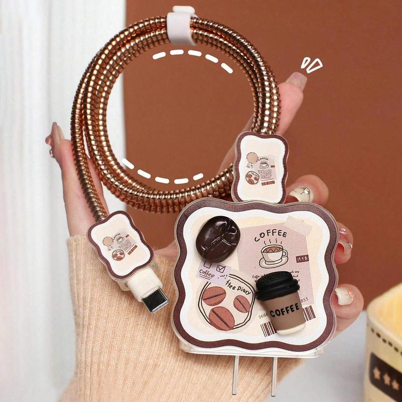 Coffee Bean Design Charging Data Cable Protector, Charging Head Protector & Protective Sleeve, Fast Charging Data Cable for iPhone 12 13 14 Series