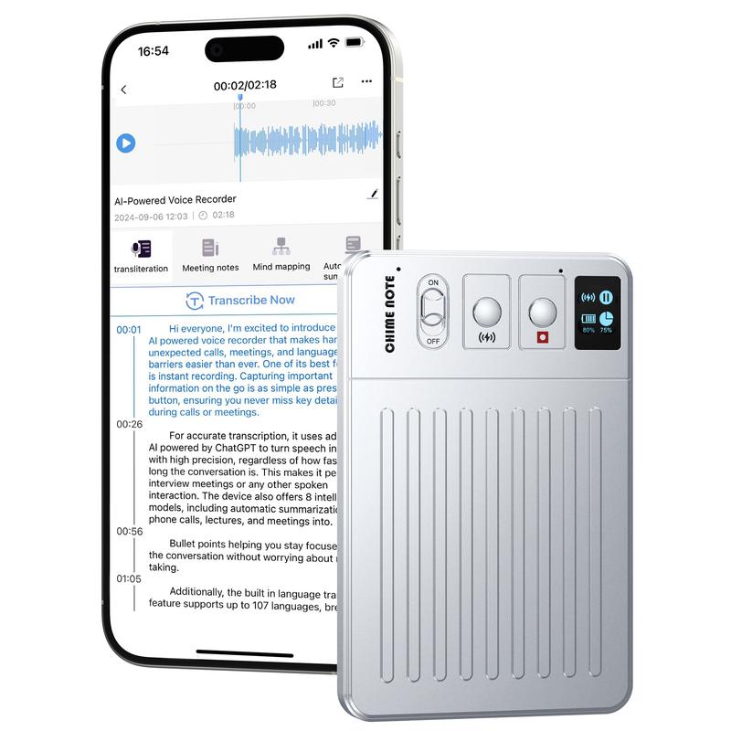 CHIME NOTE Pro AI Voice Recorder with ChatGPT-Powered Summaries, Transcription, MagSafe Charging, and Voice Translation. Supports 107 Languages, Phone Call & Note Recording, One-Press Recording, 64GB Memory & APP Control. Portable Voice Recording Device