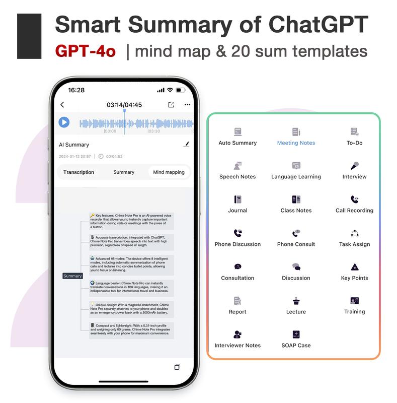 CHIME NOTE Pro AI Voice Recorder with ChatGPT-Powered Summaries, Transcription, MagSafe Charging, and Voice Translation. Supports 107 Languages, Phone Call & Note Recording, One-Press Recording, 64GB Memory & APP Control. Portable Voice Recording Device