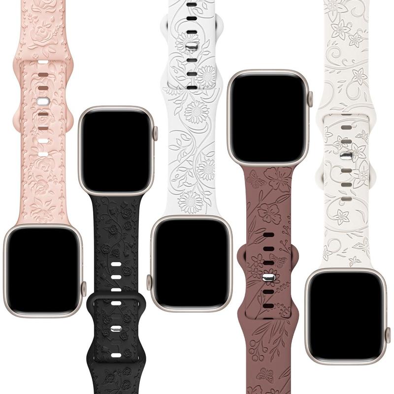 Floral Pattern Watch Band, 5 Counts set Silicone Sport Watch Band, Soft & Breathable Watch Band for iWatch Band 38mm 40mm 41mm 42mm 44mm 45mm 49mm