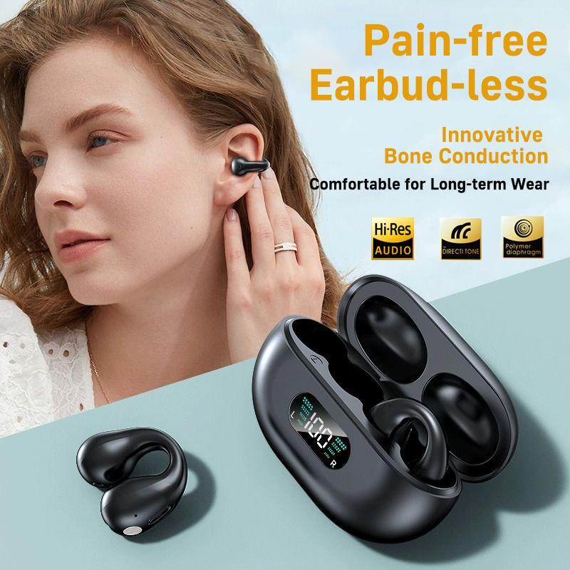 Wireless Open Clip Earbuds, Bluetooth Bone Conduction Earphones, Long Lasting Sweat Resistant Headset with Digital Charging Case & Built-in Stereo Mic wireless clip-on ear clip waterproof