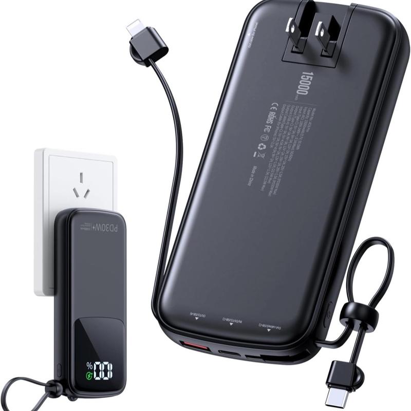 Portable Charger, Power Bank, 15000mAh Battery Pack Fast Charging Lightweight, Built-in AC Wall Plug and 2 Output Cables with LED Display for iPhone15 14 13 12 11 Samsung iPad etc