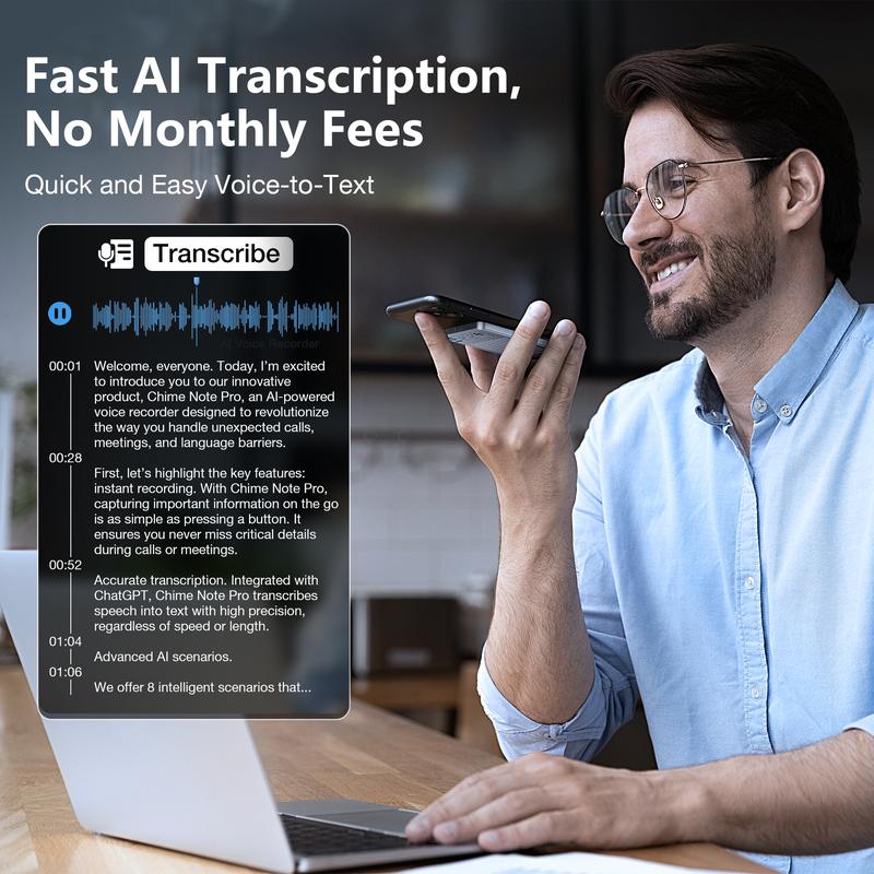 CHIME NOTE Pro AI Voice Recorder with ChatGPT-Powered Summaries, Transcription, MagSafe Charging, and Voice Translation. Supports 107 Languages, Phone Call & Note Recording, One-Press Recording, 64GB Memory & APP Control. Portable Voice Recording Device