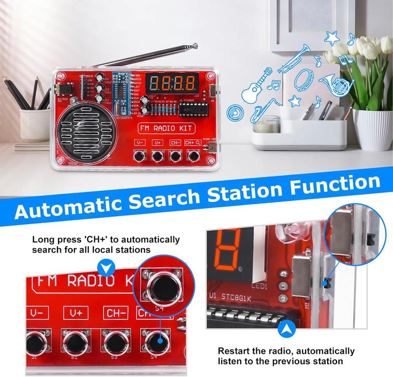 Portable FM Radio Kit, Soldering Project Radio FM 87-108MHz with Headphone Jack LED Display Automatic Station Search for High School Education Soldering Practice Creative