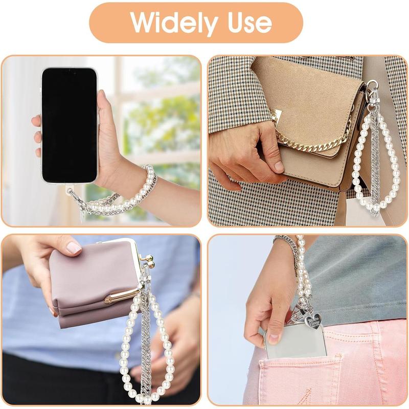 Pearl Beaded Phone Wrist Strap, Anti Lost Stainless Steel Phone Chain Lanyards Double Chains Hand Wrist Straps with 2pcs Tether Tabs for Women Men Mobile Phone Wallet Keychain Camera Earphone