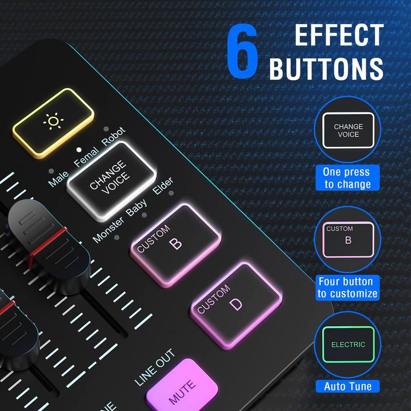 Gaming Audio Mixer, Streaming RGB PC Mixer with XLR Microphone Interface, Individual Control, Volume Fader, Mute Button, 48V Phantom Power, for Podcast Recording Vocal Game Voice-AmpliGame Cable Device