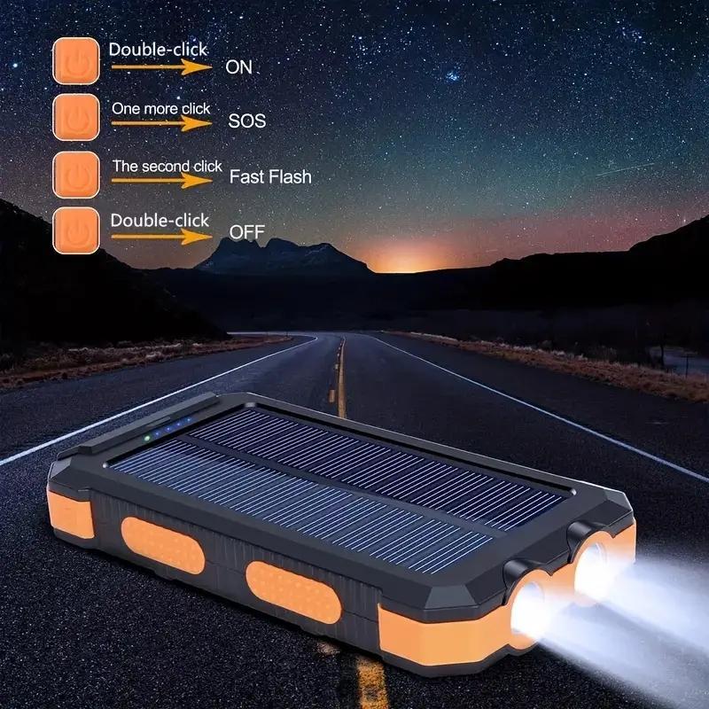 Solar Powered Power Bank, 10000mAh Portable Solar Phone Charger with LED Flashlight, Charging Indicator & Compass, Chargeable Device for Outdoor, Camping, Travel, Smartphone Accessories