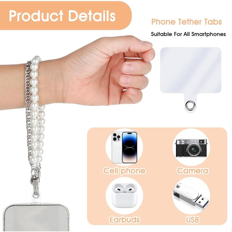 Pearl Beaded Phone Wrist Strap, Anti Lost Stainless Steel Phone Chain Lanyards Double Chains Hand Wrist Straps with 2pcs Tether Tabs for Women Men Mobile Phone Wallet Keychain Camera Earphone