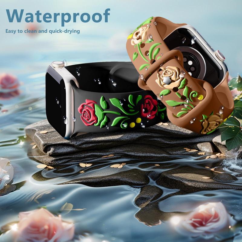 3D Floral Embossed Watch Band for Apple Watch Bands Women 38mm to 49mm, 2 Counts Engraved Cute Flower Soft Silicone Watch Band for iWatch Series 9 8 7 6 5 4 3 2 1 Ultra SE, Wearable Accessories, Smart Watch Band