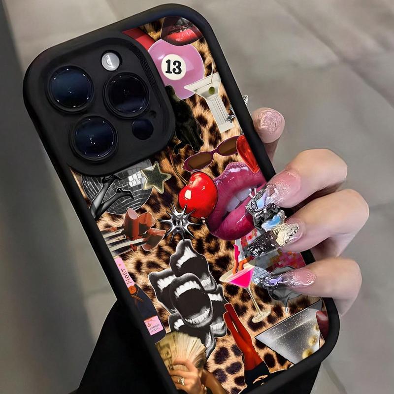 Lip & Leopard-print Phone Case, Shockproof Anti-slip Soft TPU Phone Protective Cover, Phone Accessories for iPhone 11 12 13 14 15 Pro Max 15 Plus, Smartphone Accessories