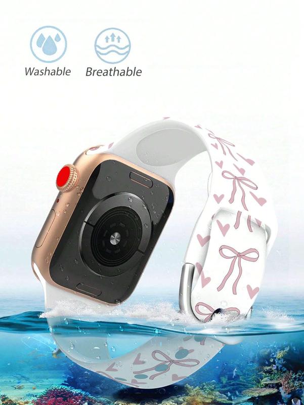 Pink Bow Heart Printed Silicone Watch Band for 38-49mm Apple Watch Series Ultra, SE, 8, 7, 6, 5, 4, 3, 2, 1 Accessories Wearable